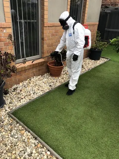 Technician in PPE treating a garden bed along a brick home