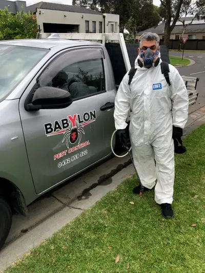 Babylon Pest Control technician in full PPE beside the branded service vehicle