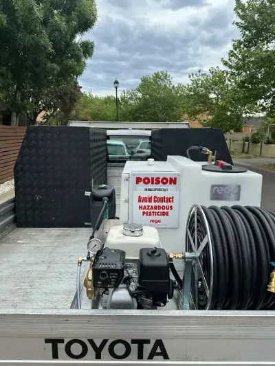 Professional pest control spray rig mounted on the Babylon service vehicle